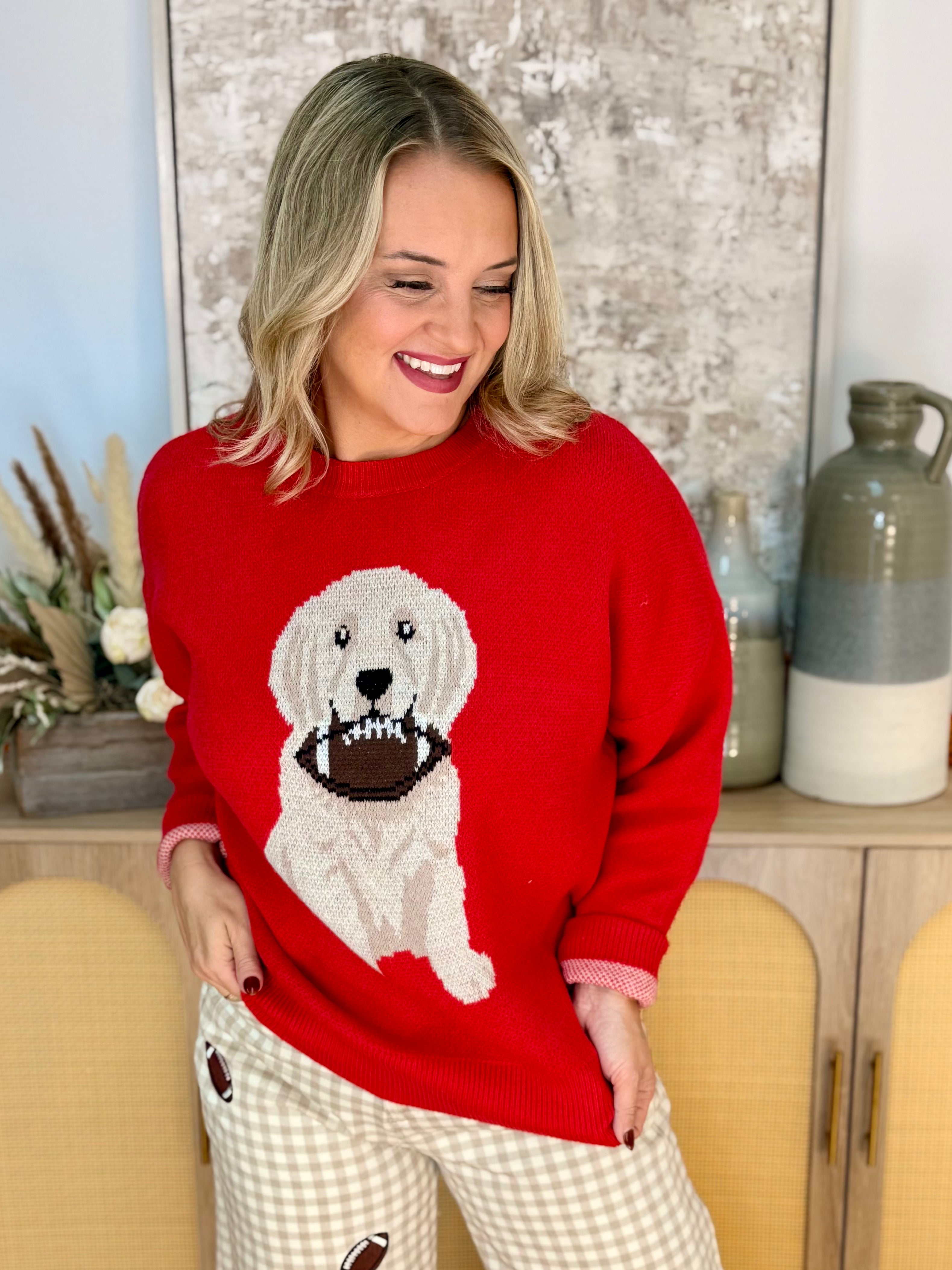 Football Pup Sweater - Red-140 Sweaters-Sewn and Seen-The Lovely Closet, Women's Fashion Boutique in Alexandria, KY