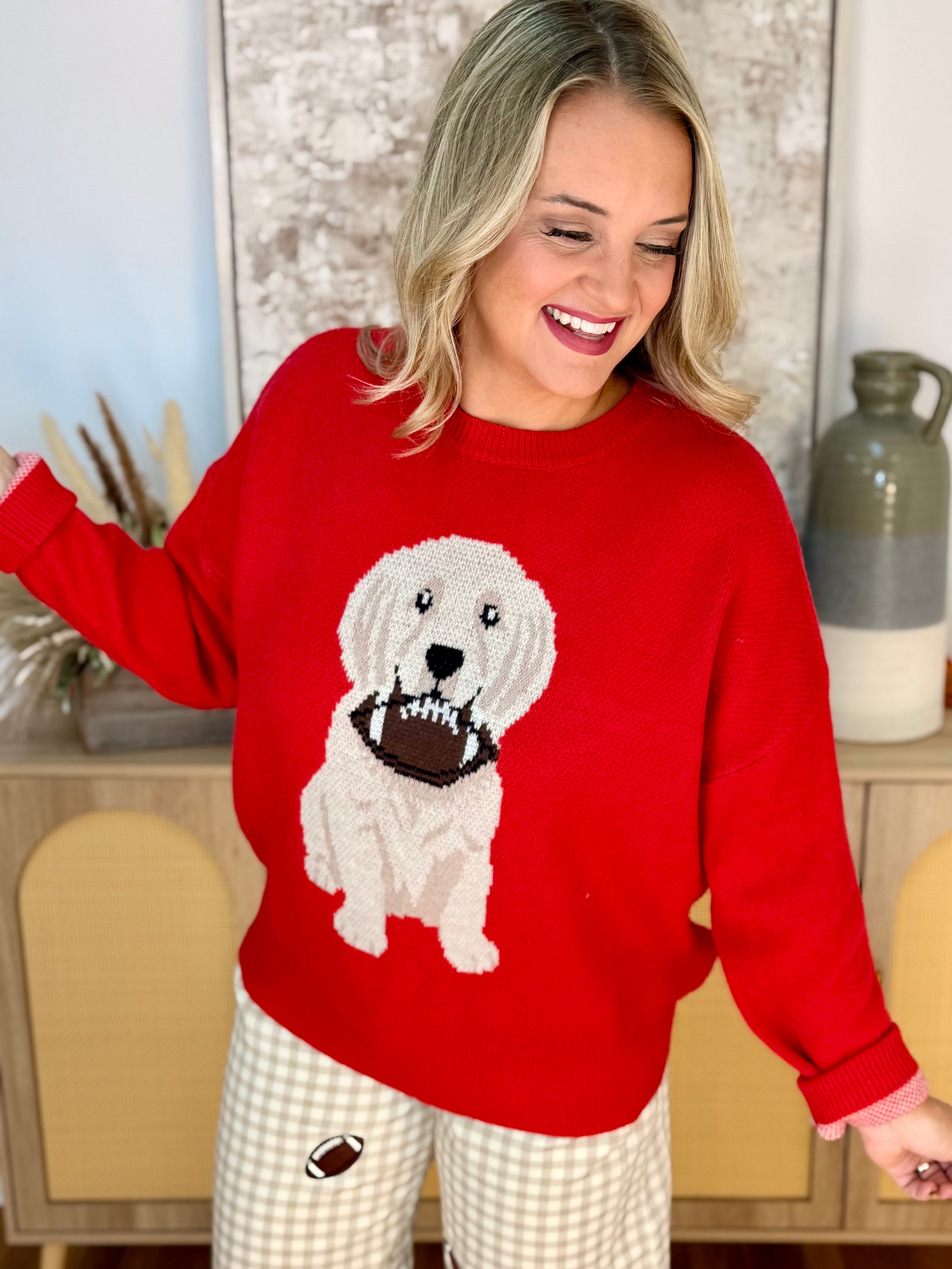 Football Pup Sweater - Red-140 Sweaters-Sewn and Seen-The Lovely Closet, Women's Fashion Boutique in Alexandria, KY
