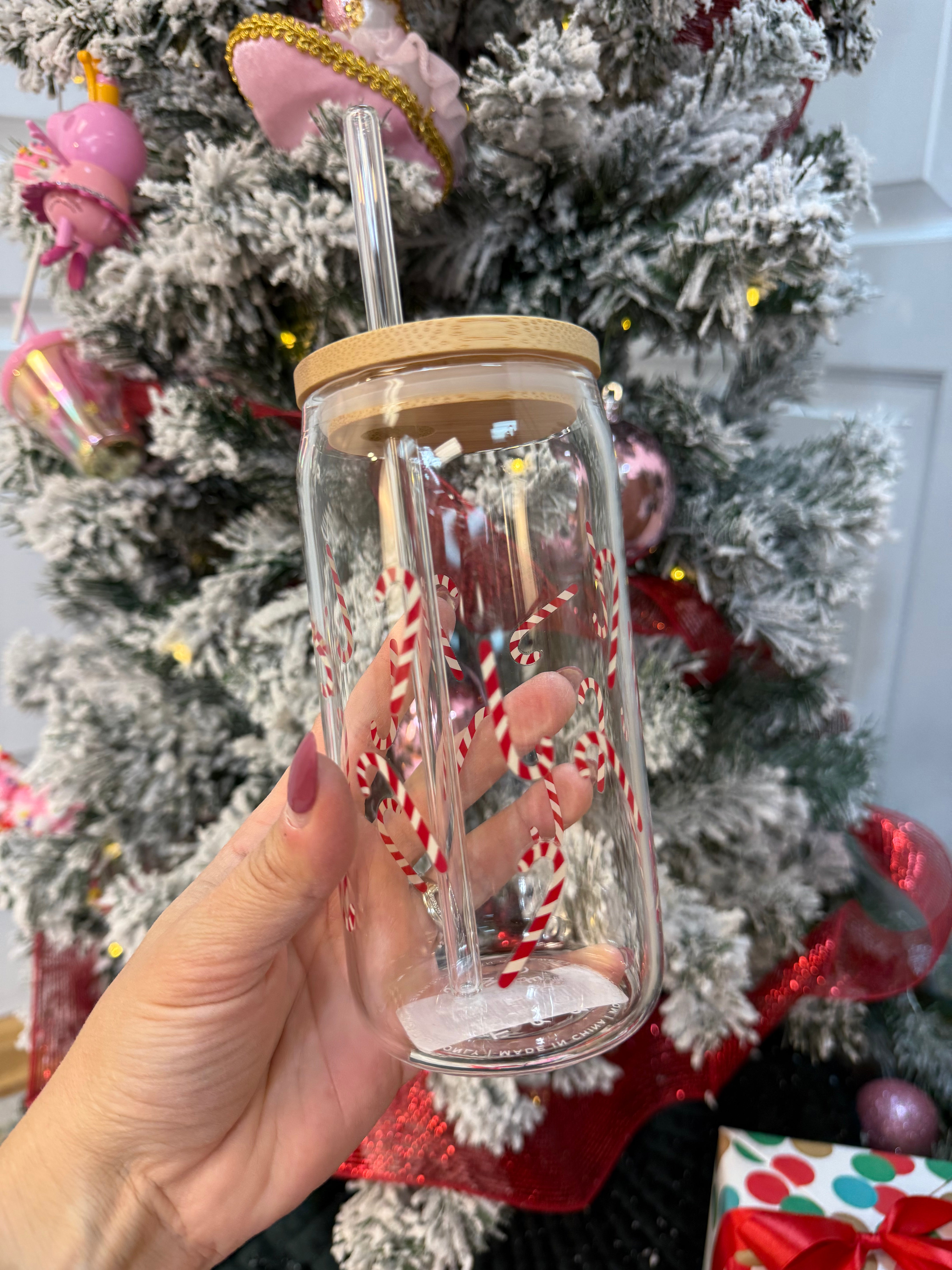 Candy Cane 17 oz Glass w/ Straw & Lid-310 Gift-Sweet Water Decor-The Lovely Closet, Women's Fashion Boutique in Alexandria, KY