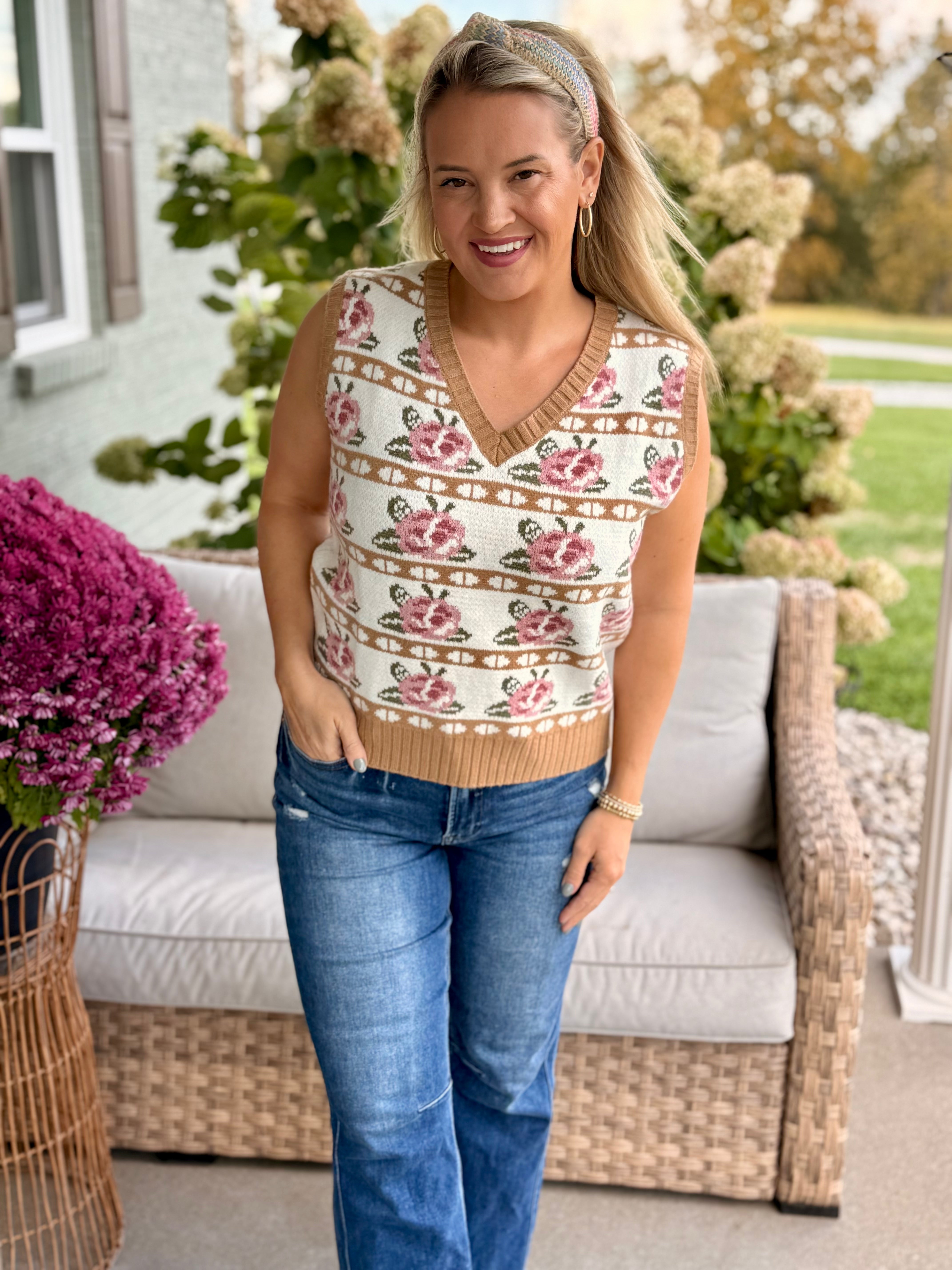 Rose Fairisle Sweater Vest-140 Sweaters-Anniewear-The Lovely Closet, Women's Fashion Boutique in Alexandria, KY