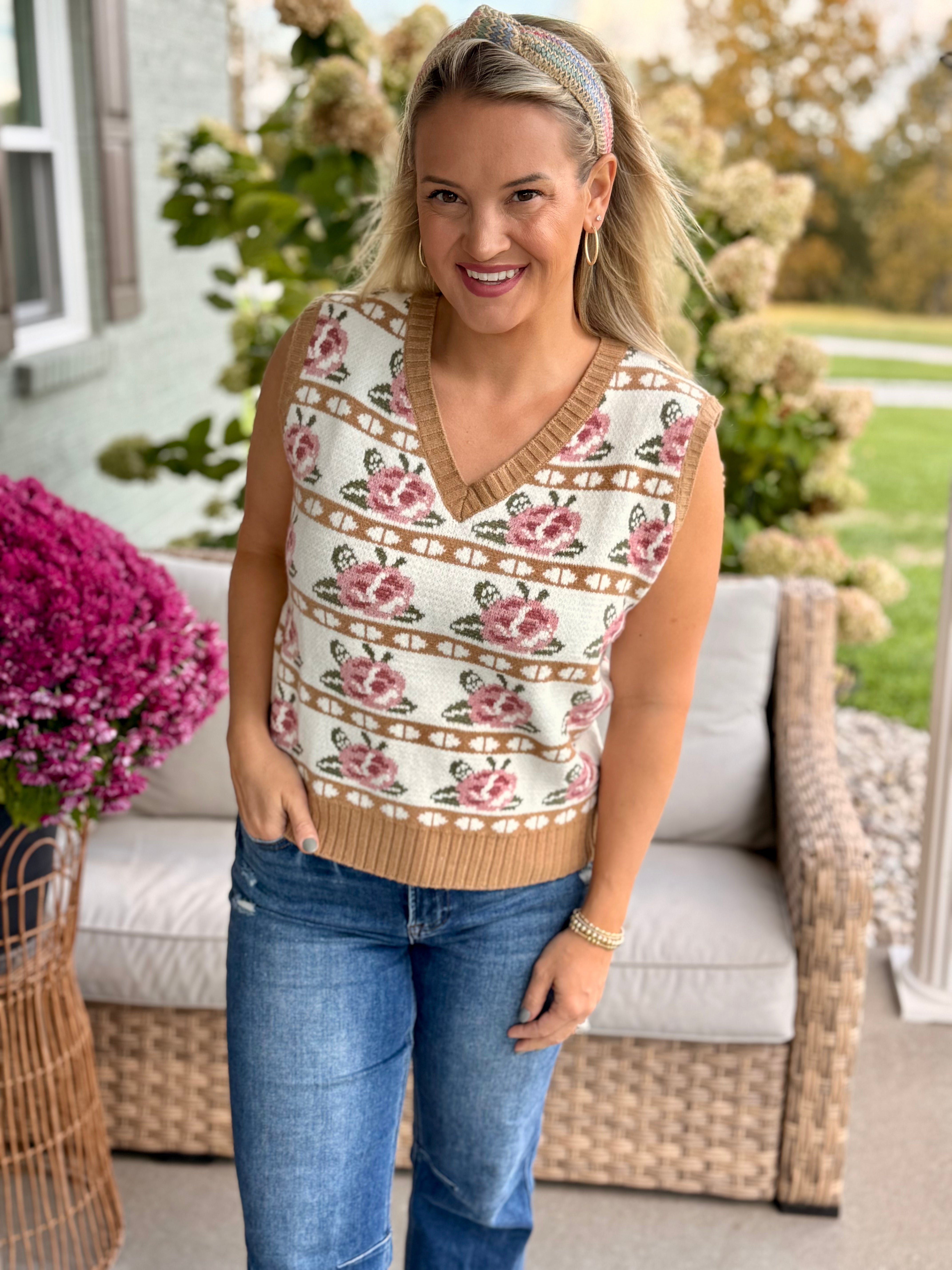 Rose Fairisle Sweater Vest-140 Sweaters-Anniewear-The Lovely Closet, Women's Fashion Boutique in Alexandria, KY