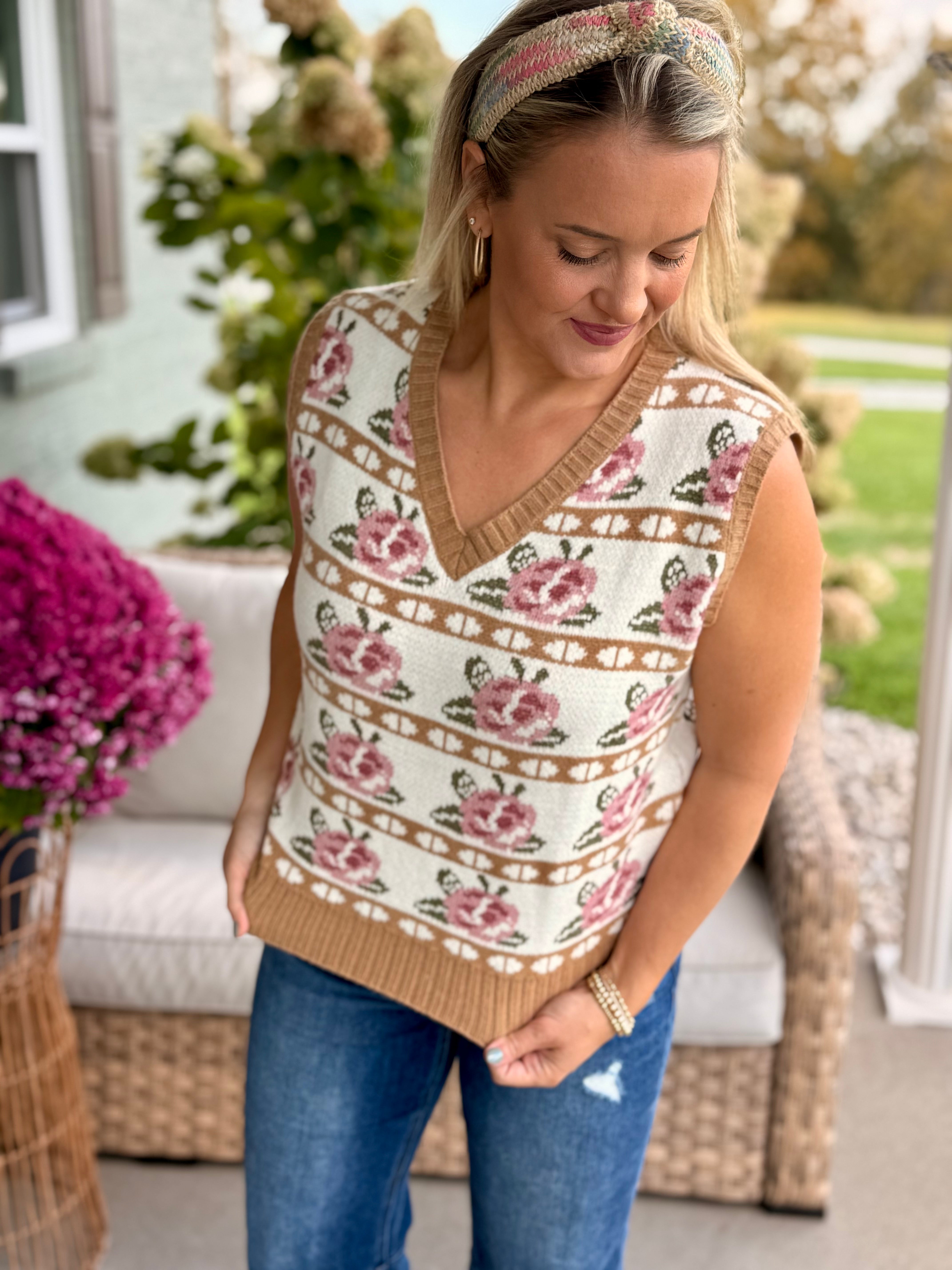 Rose Fairisle Sweater Vest-140 Sweaters-Anniewear-The Lovely Closet, Women's Fashion Boutique in Alexandria, KY