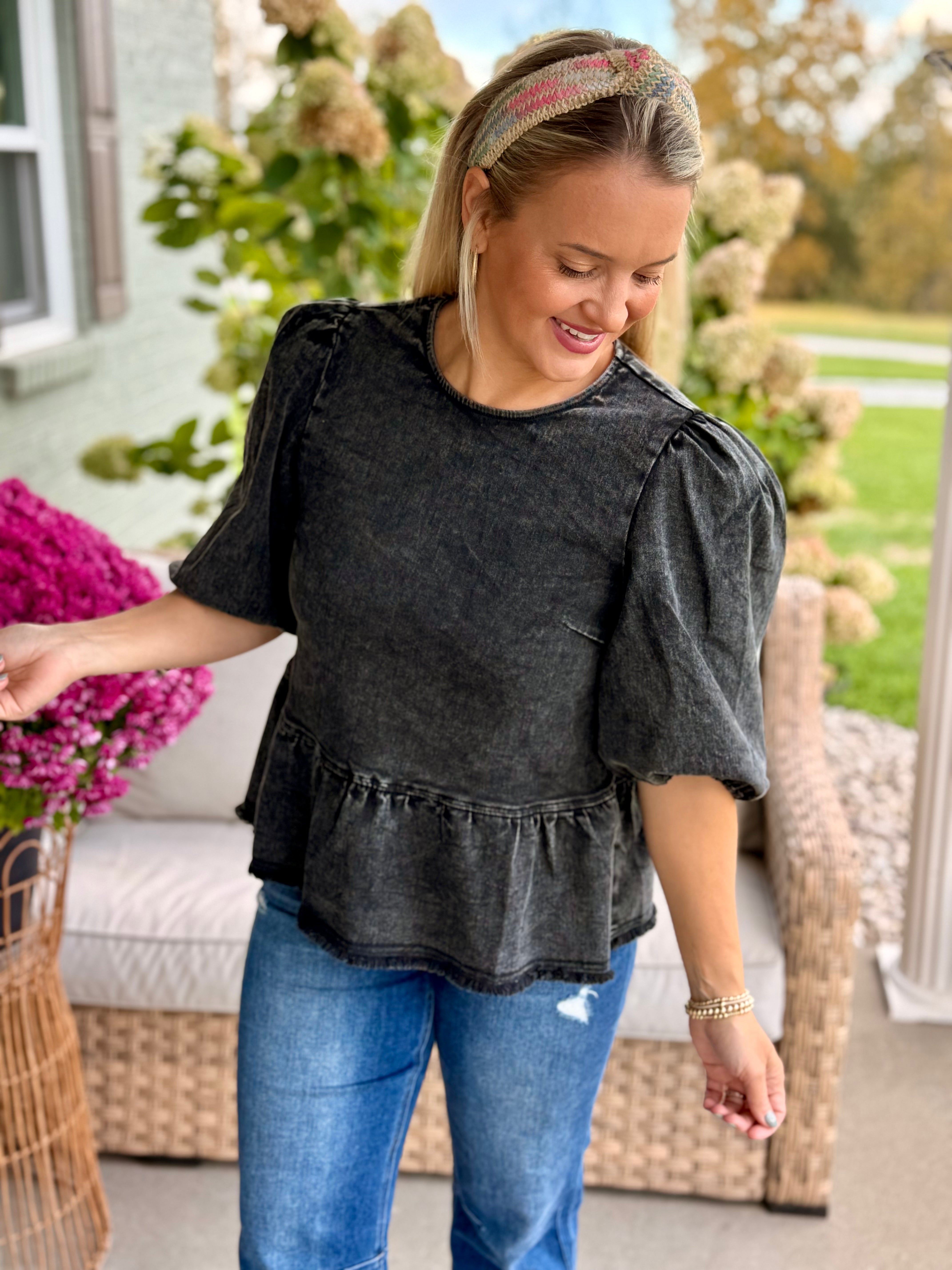 FINAL SALE Cider & Cinnamon Washed Denim Top - Ash-100 Short Sleeve Tops-Anniewear-The Lovely Closet, Women's Fashion Boutique in Alexandria, KY