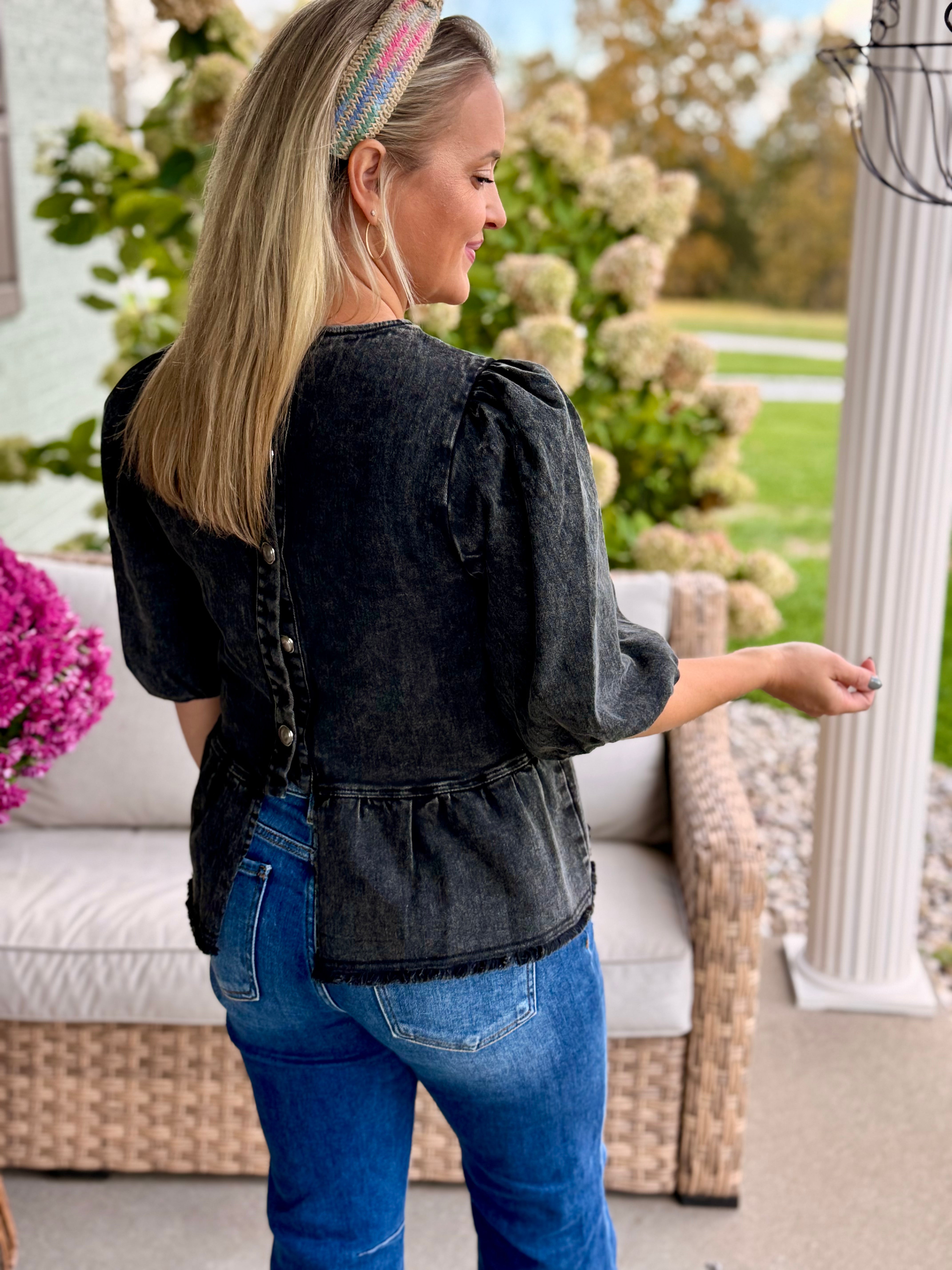 FINAL SALE Cider & Cinnamon Washed Denim Top - Ash-100 Short Sleeve Tops-Anniewear-The Lovely Closet, Women's Fashion Boutique in Alexandria, KY