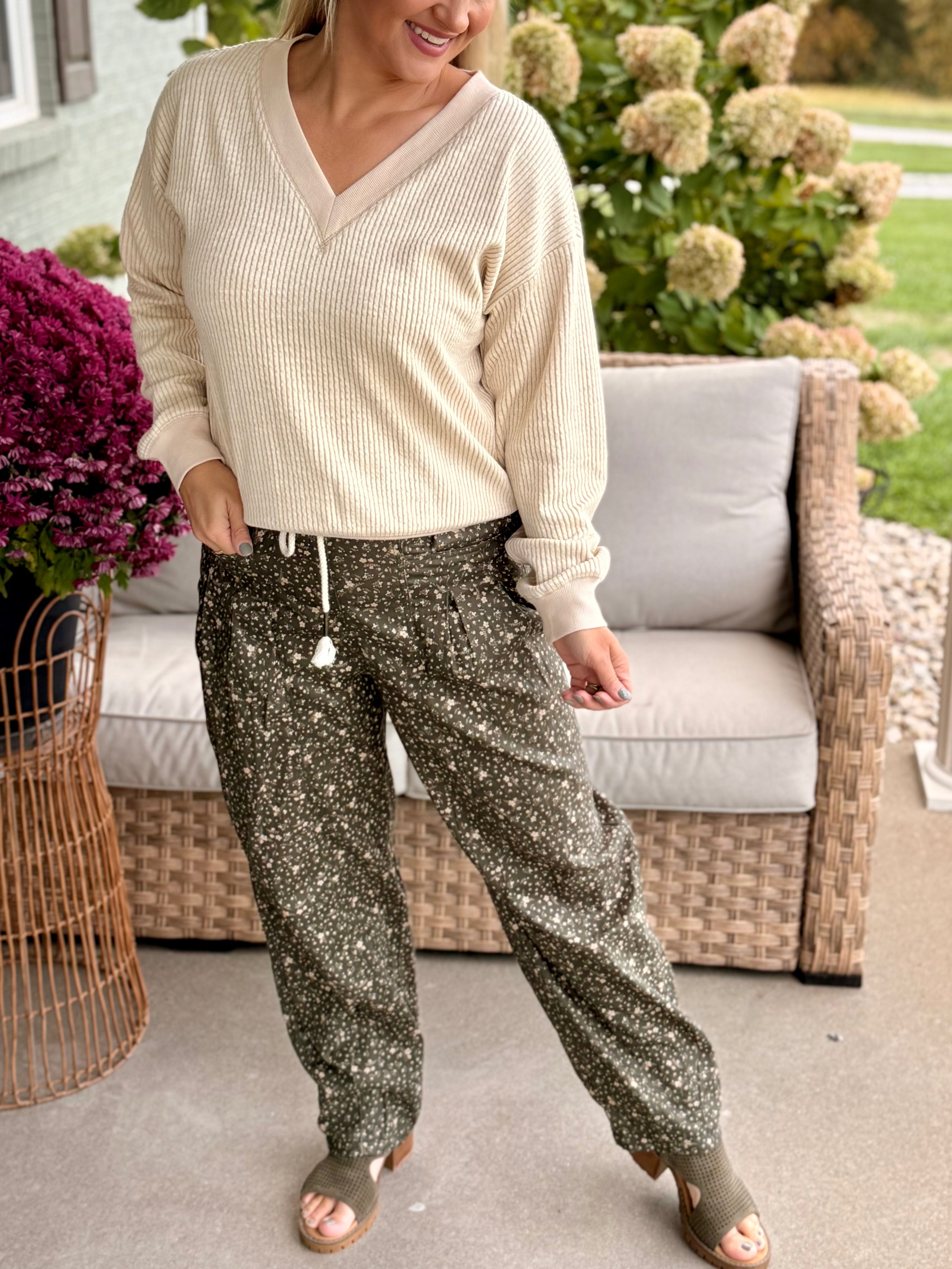 FINAL SALE Ditsy Print Barrel Leg Pants-240 Pants-The Lovely Closet-The Lovely Closet, Women's Fashion Boutique in Alexandria, KY