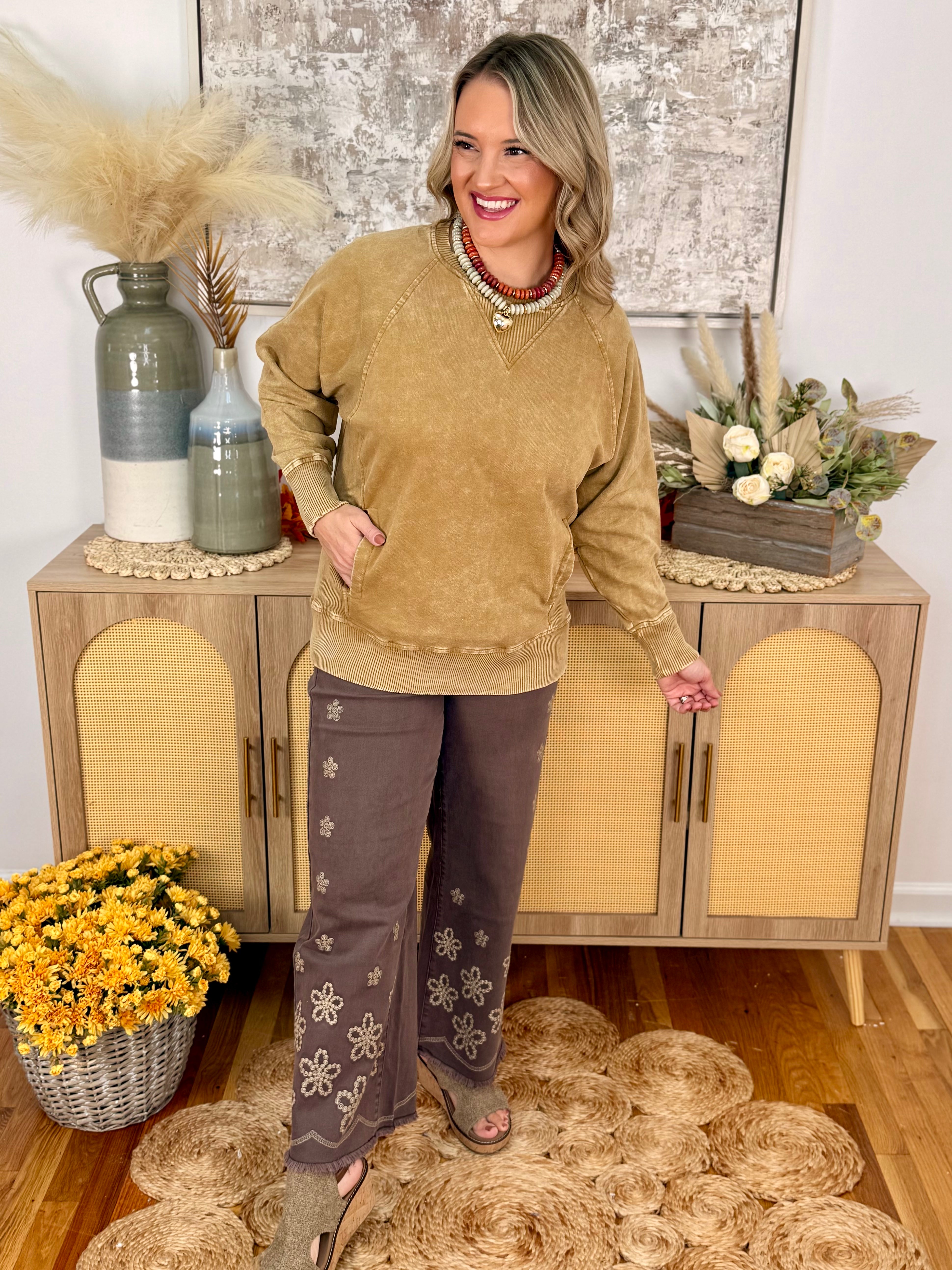 Falling Petals Mineral Washed Twill Pant-240 Pants-easel-The Lovely Closet, Women's Fashion Boutique in Alexandria, KY