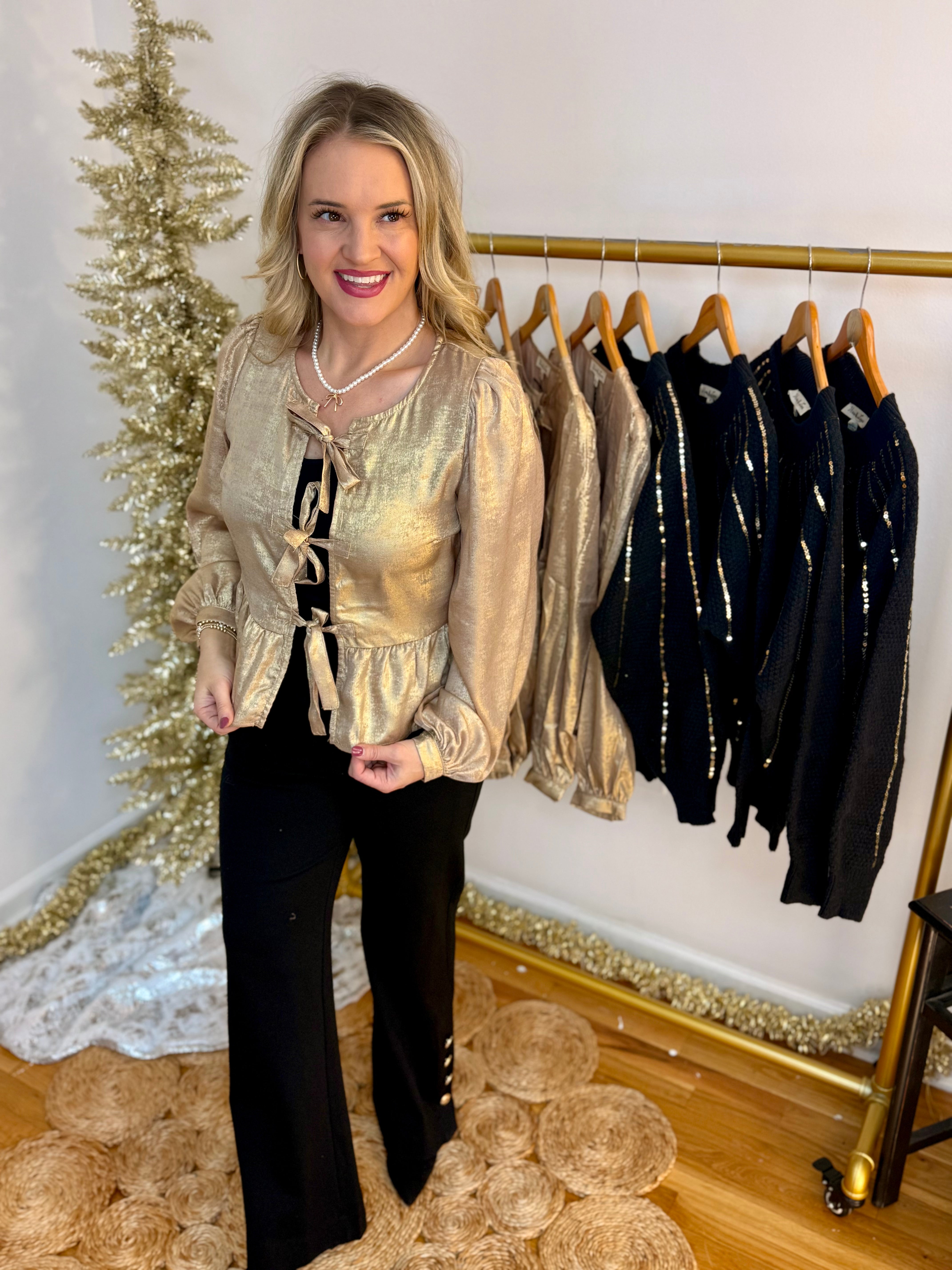 Tie Front Metallic Gold Blouse-110 Long Sleeve Top-Vine & Love-The Lovely Closet, Women's Fashion Boutique in Alexandria, KY