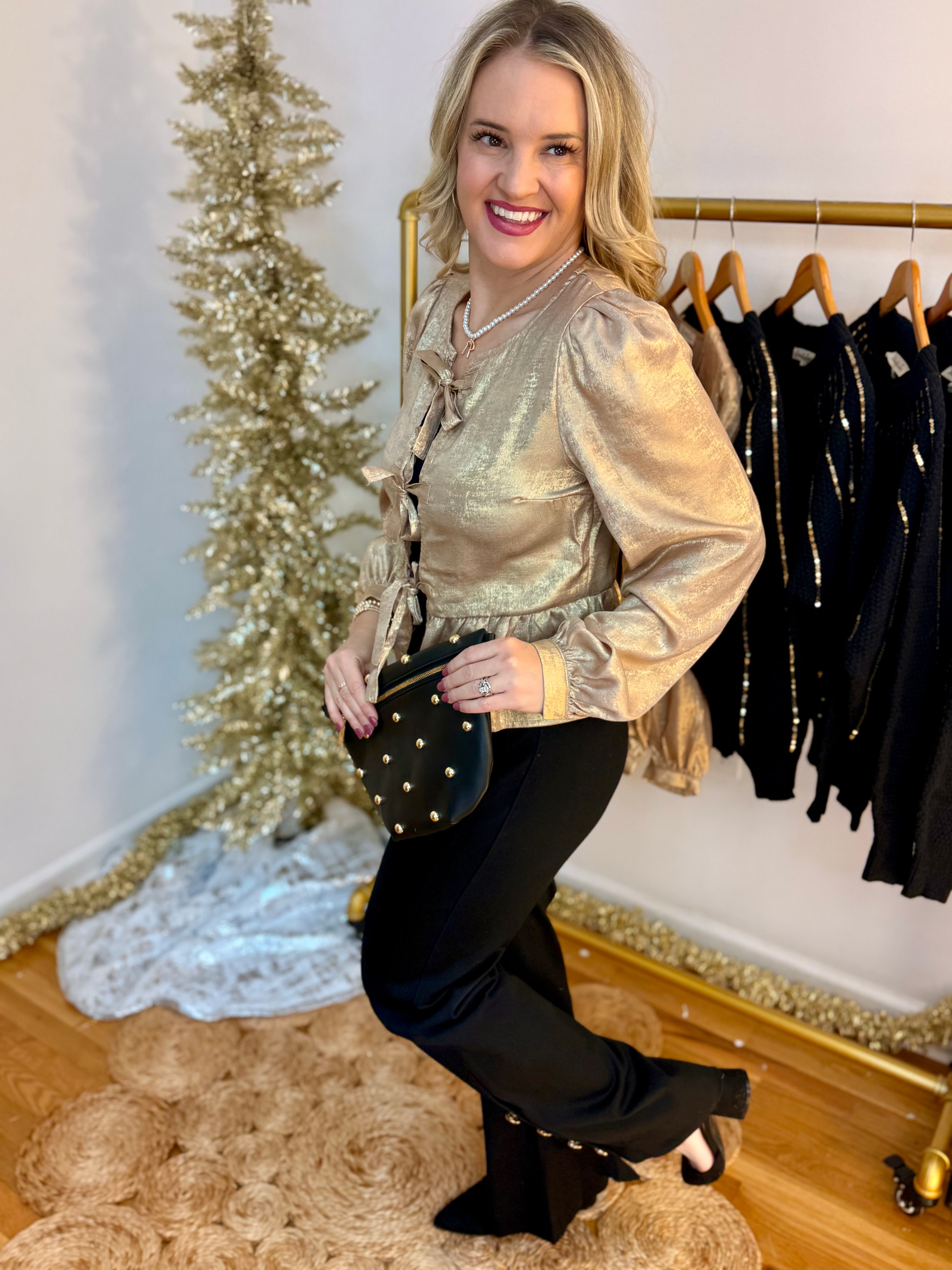 Tie Front Metallic Gold Blouse-110 Long Sleeve Top-Vine & Love-The Lovely Closet, Women's Fashion Boutique in Alexandria, KY