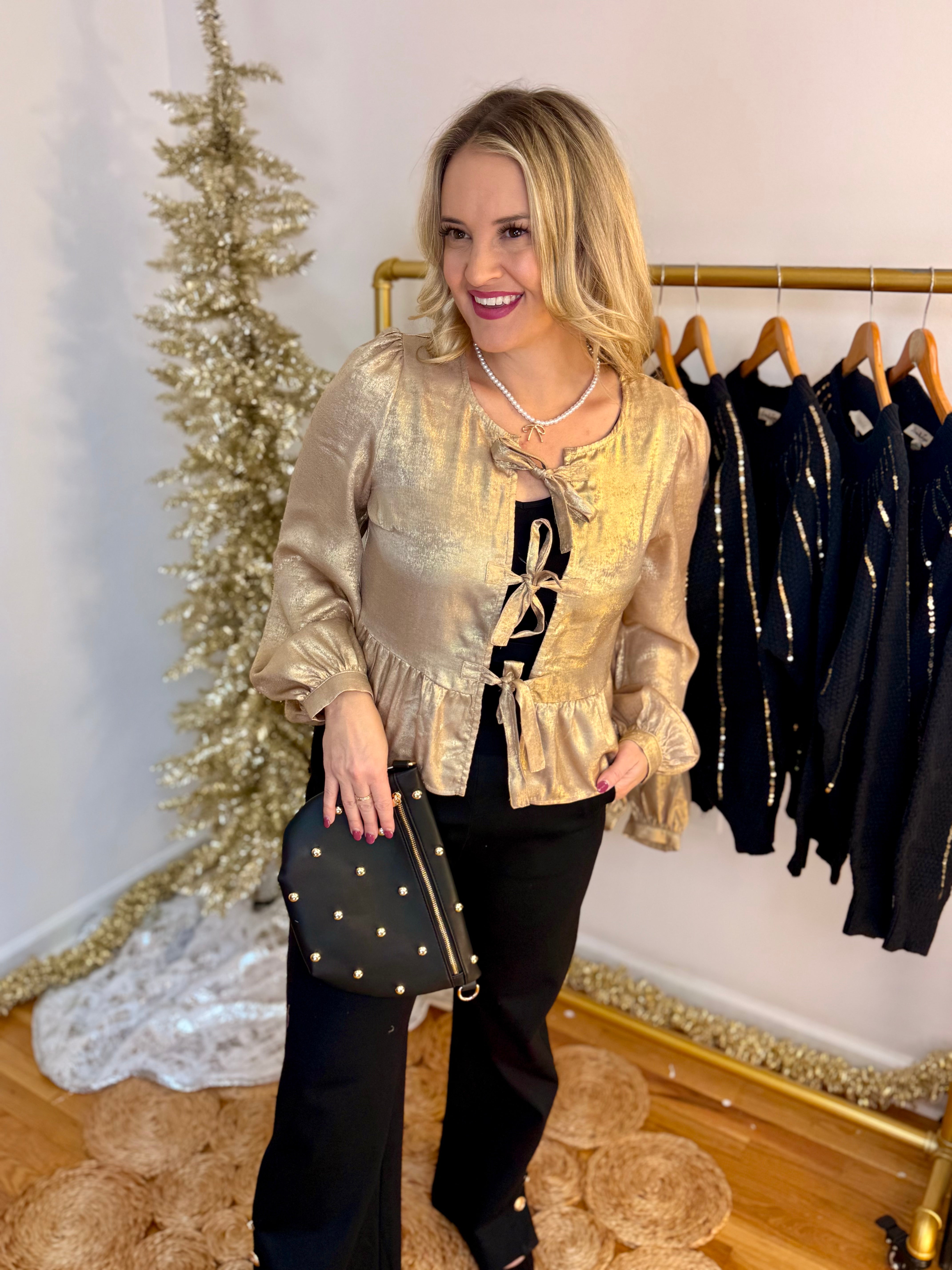 Tie Front Metallic Gold Blouse-110 Long Sleeve Top-Vine & Love-The Lovely Closet, Women's Fashion Boutique in Alexandria, KY