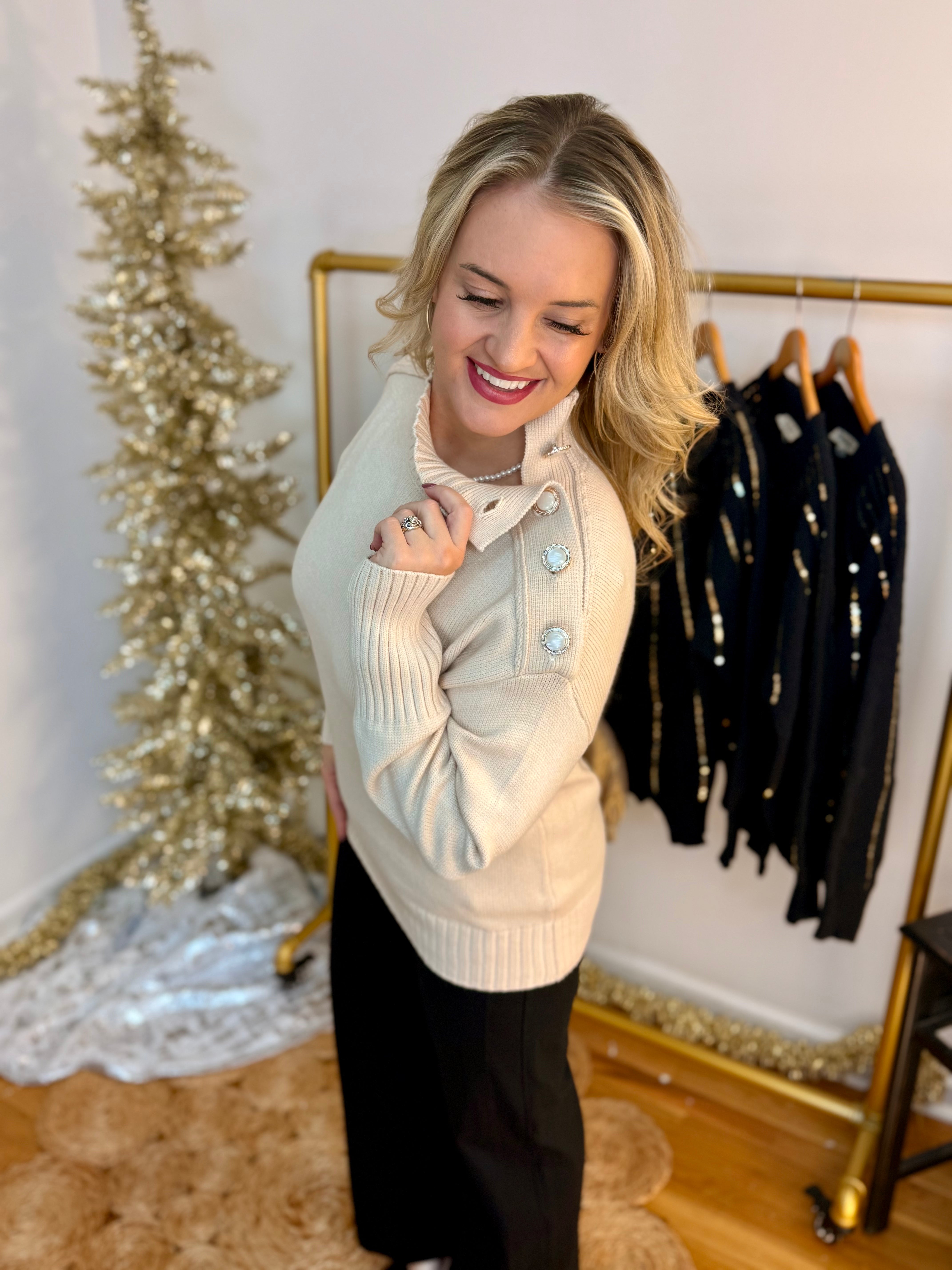 Button Detail Mock Neck Sweater-140 Sweaters-Vine & Love-The Lovely Closet, Women's Fashion Boutique in Alexandria, KY