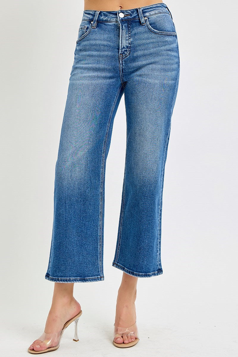 RISEN Mid Rise Crop Wide Leg Tummy Control - Dark-210 Jeans-Risen-The Lovely Closet, Women's Fashion Boutique in Alexandria, KY