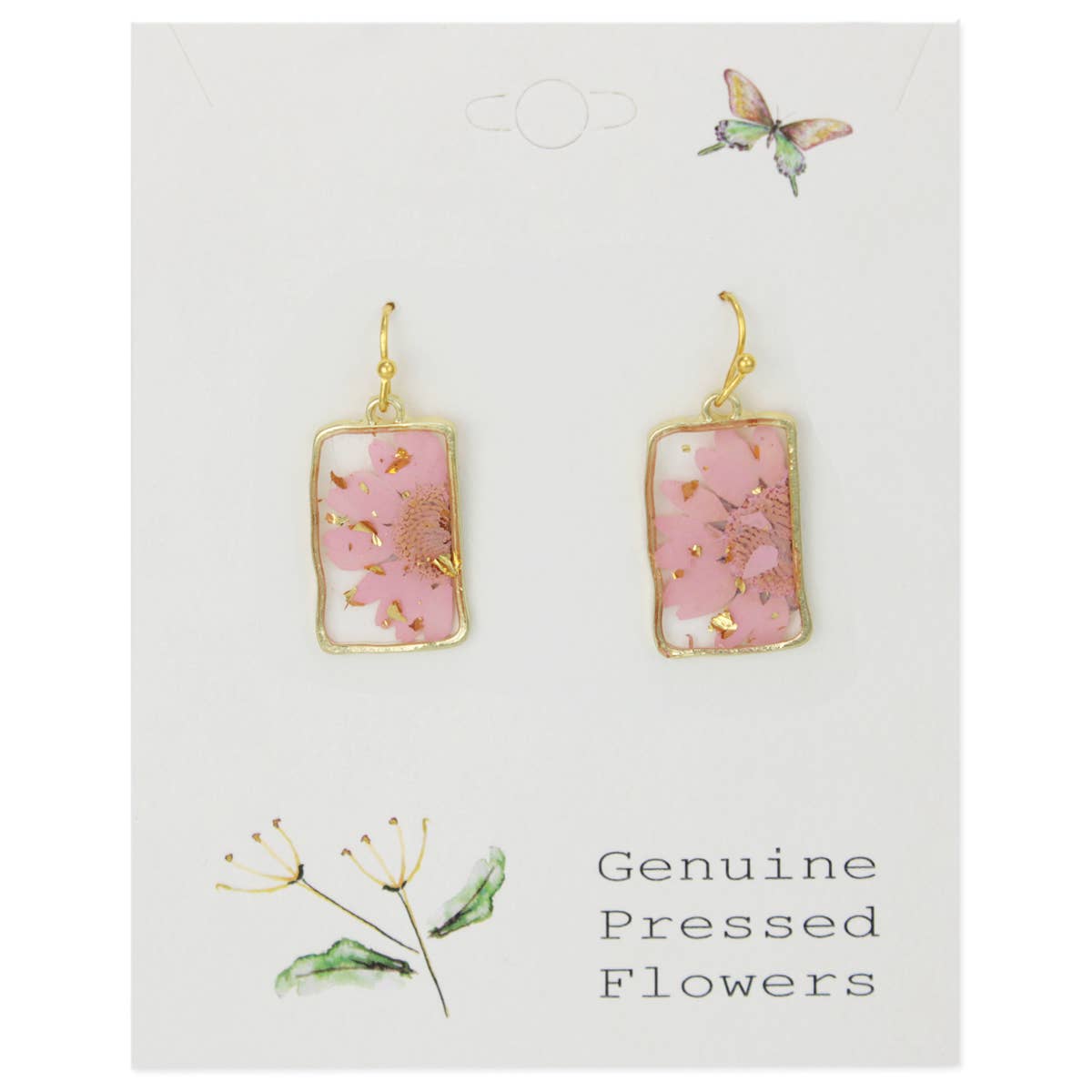 Pink Dried Flower Rectangle Gold Earrings-280 Accessories-ZAD-The Lovely Closet, Women's Fashion Boutique in Alexandria, KY