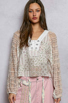 Long Sleeve Lace Contrast Printed Woven Top-110 Long Sleeve Top-Pol Clothing-The Lovely Closet, Women's Fashion Boutique in Alexandria, KY