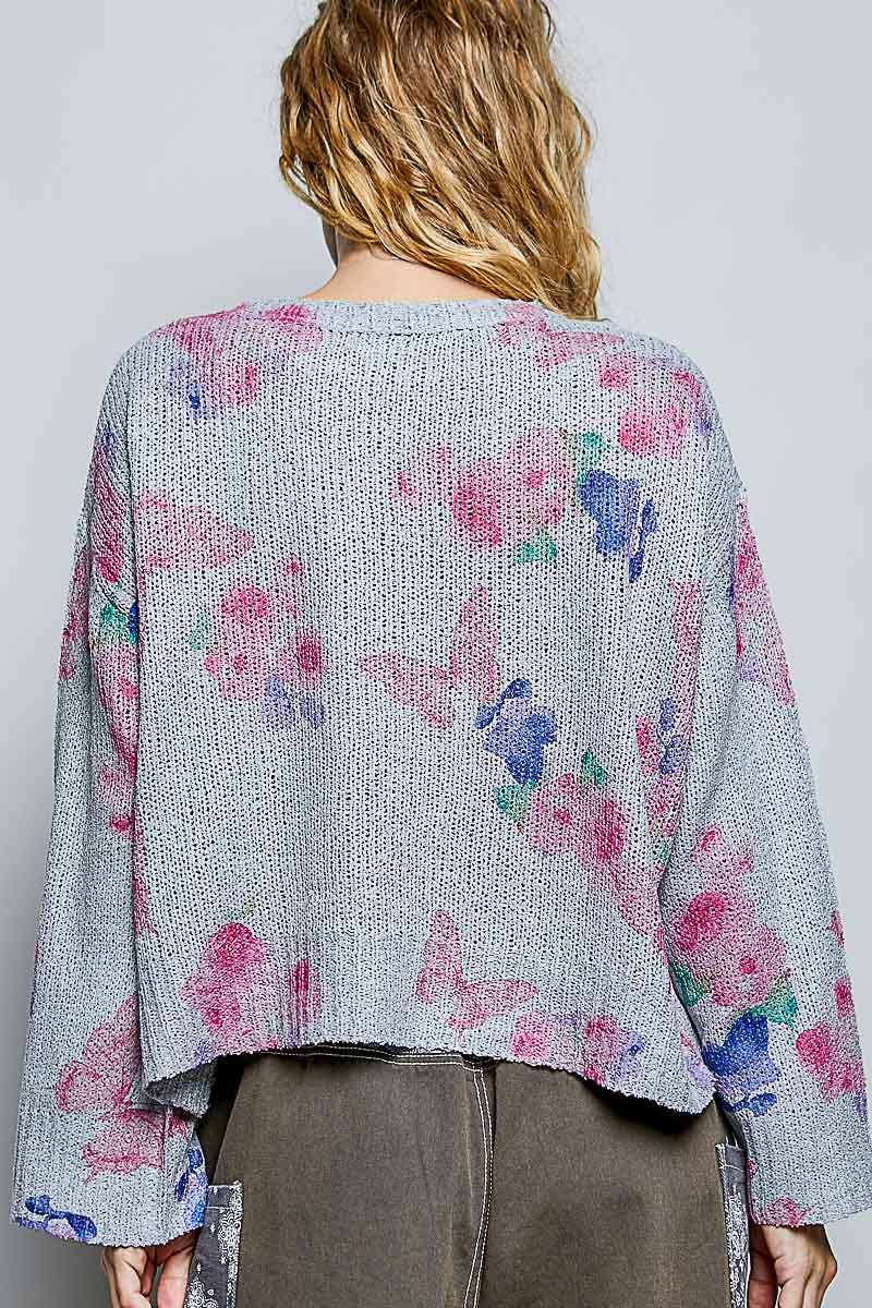 Butterfly Print Sequin Flower Knit Sweater-110 Long Sleeve Top-Pol Clothing-The Lovely Closet, Women's Fashion Boutique in Alexandria, KY