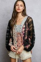 Long Sleeve Lace Contrast Printed Woven Top-110 Long Sleeve Top-Pol Clothing-The Lovely Closet, Women's Fashion Boutique in Alexandria, KY