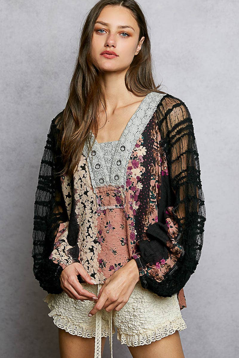 Long Sleeve Lace Contrast Printed Woven Top-110 Long Sleeve Top-Pol Clothing-The Lovely Closet, Women's Fashion Boutique in Alexandria, KY
