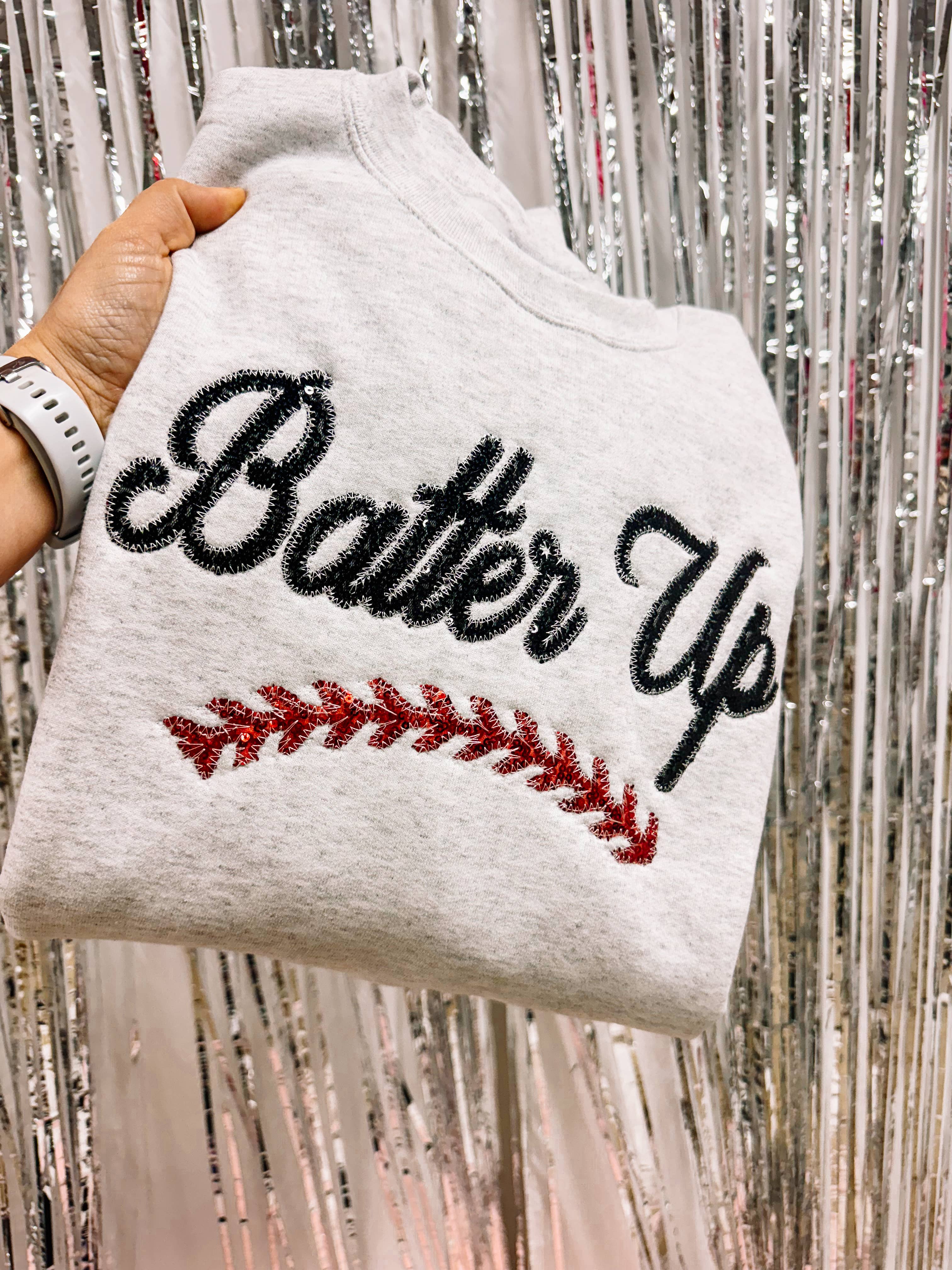 PRE-ORDER Embroidered Batter Up Baseball Sweatshirt: Ash Gray-130 Graphics-Shop Southern Belle-The Lovely Closet, Women's Fashion Boutique in Alexandria, KY