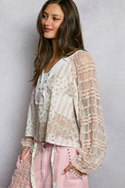 Long Sleeve Lace Contrast Printed Woven Top-110 Long Sleeve Top-Pol Clothing-The Lovely Closet, Women's Fashion Boutique in Alexandria, KY