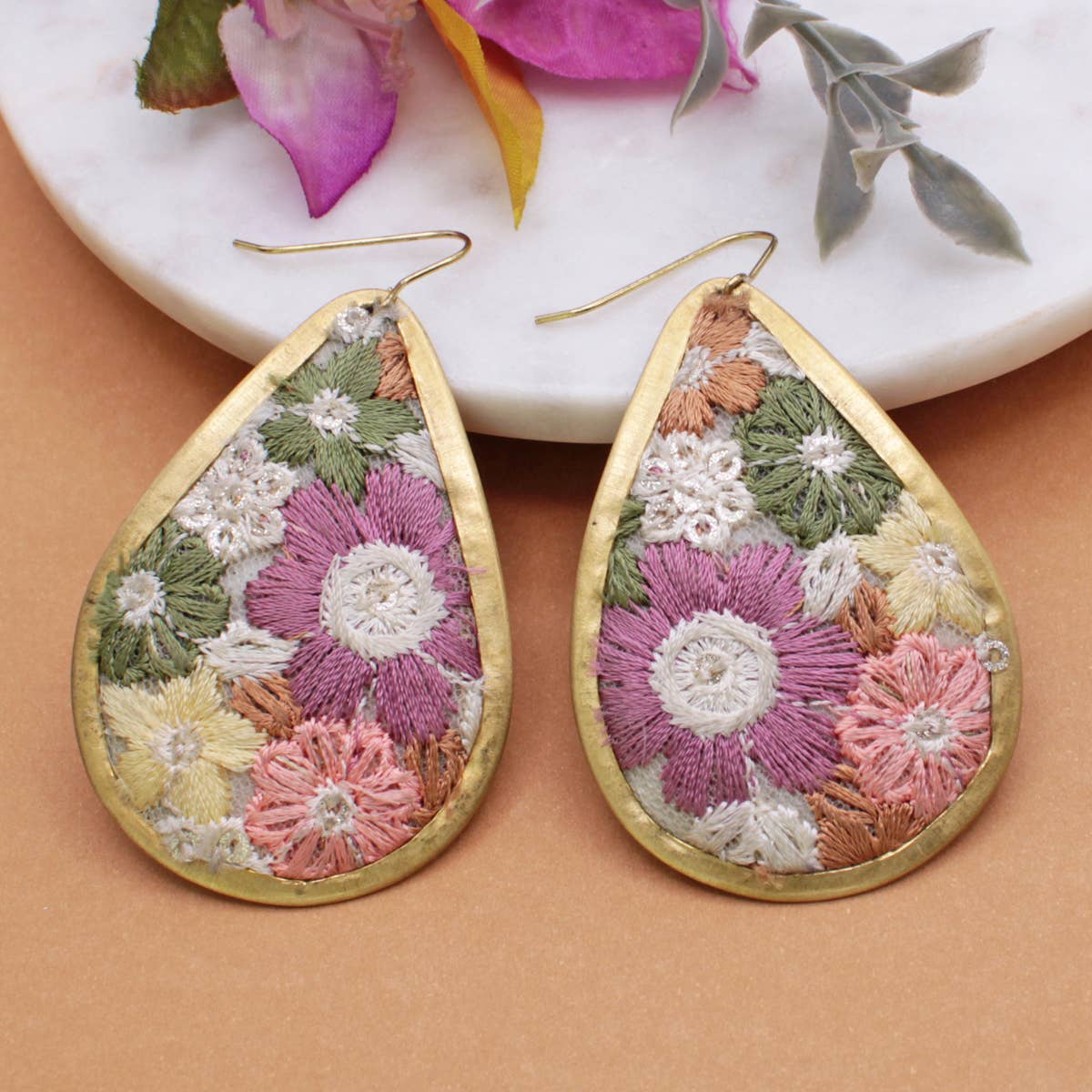 Olive & Pink Floral Fabric Embroidered Earrings-280 Accessories-ZAD-The Lovely Closet, Women's Fashion Boutique in Alexandria, KY
