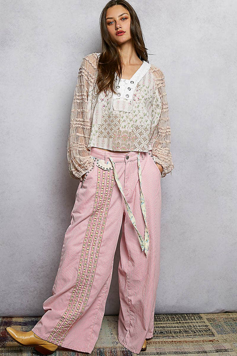 Long Sleeve Lace Contrast Printed Woven Top-110 Long Sleeve Top-Pol Clothing-The Lovely Closet, Women's Fashion Boutique in Alexandria, KY