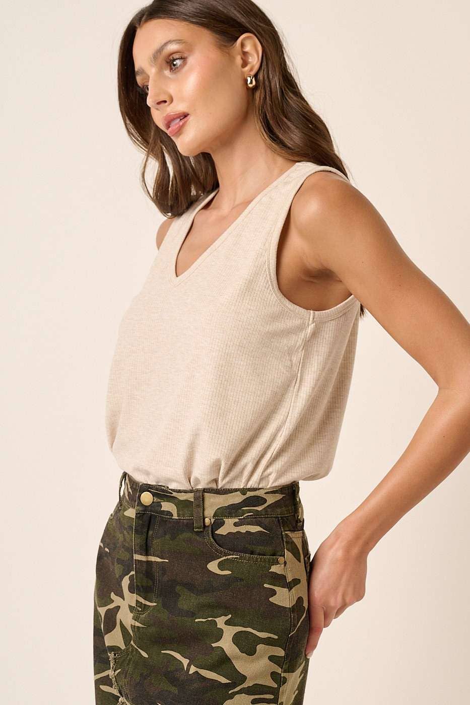 T10013-RIB KNIT V-NECK TANK TOP - Oatmeal-120 Sleeveless Tops-mittoshop-The Lovely Closet, Women's Fashion Boutique in Alexandria, KY