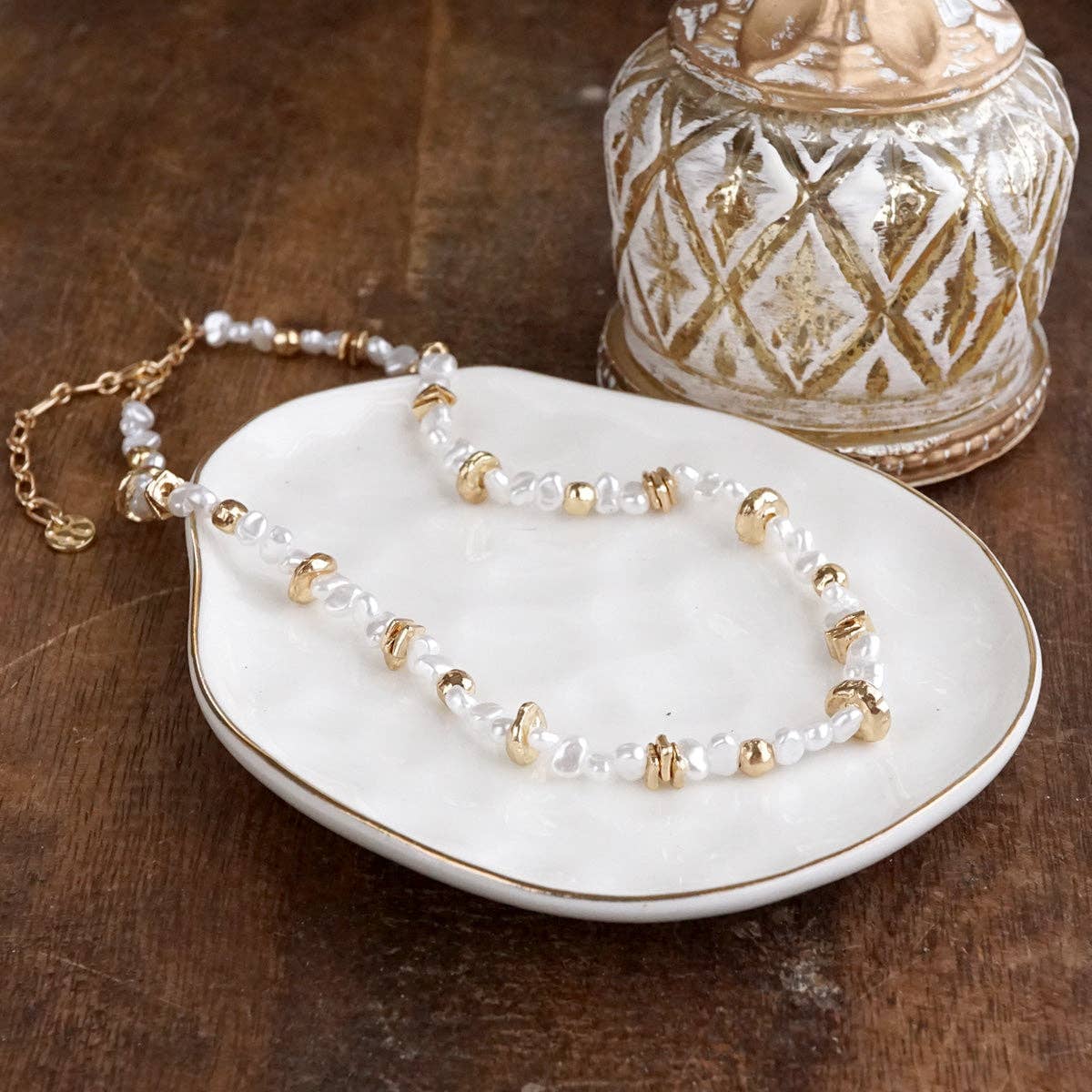 Golden Drift – Dainty Necklace with Faux Pearls and Nugget Beads-250 Jewelry-PennyLine inc-The Lovely Closet, Women's Fashion Boutique in Alexandria, KY