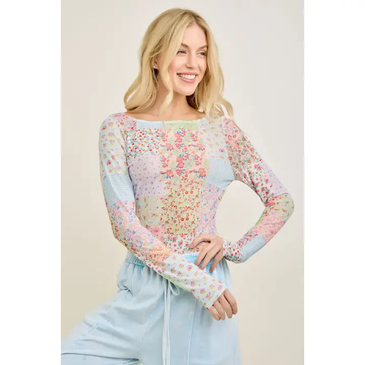 Spring Picnic Patch Mesh top-110 Long Sleeve Top-J.Her-The Lovely Closet, Women's Fashion Boutique in Alexandria, KY