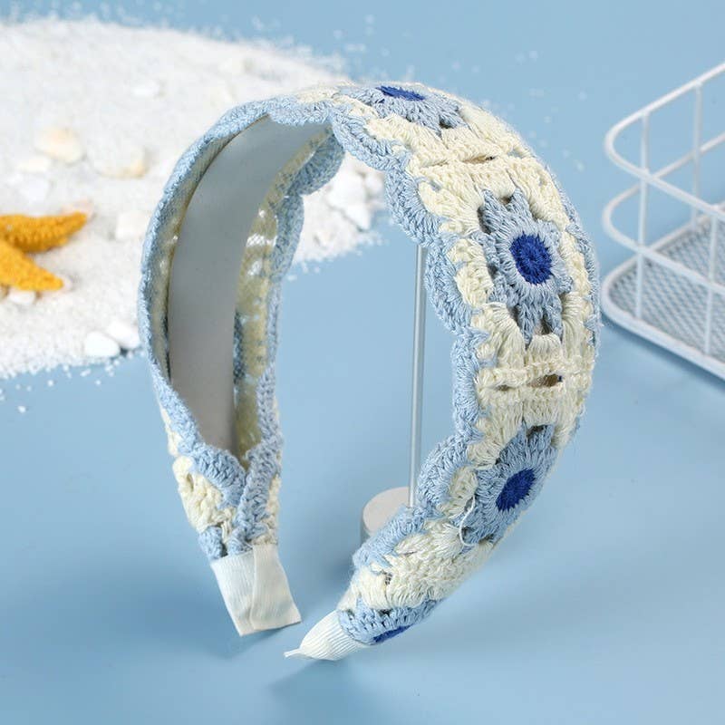 FLORAL CROCHET SOFT WOVEN KNIT HEADBAND - BLUE-300 Headwear-JOSSLYN by wall to wall-The Lovely Closet, Women's Fashion Boutique in Alexandria, KY