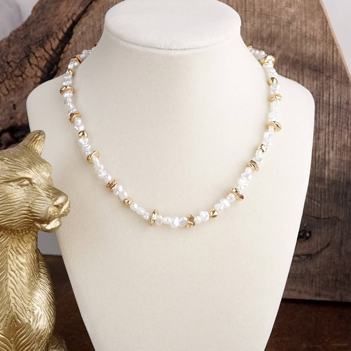 Golden Drift – Dainty Necklace with Faux Pearls and Nugget Beads-250 Jewelry-PennyLine inc-The Lovely Closet, Women's Fashion Boutique in Alexandria, KY