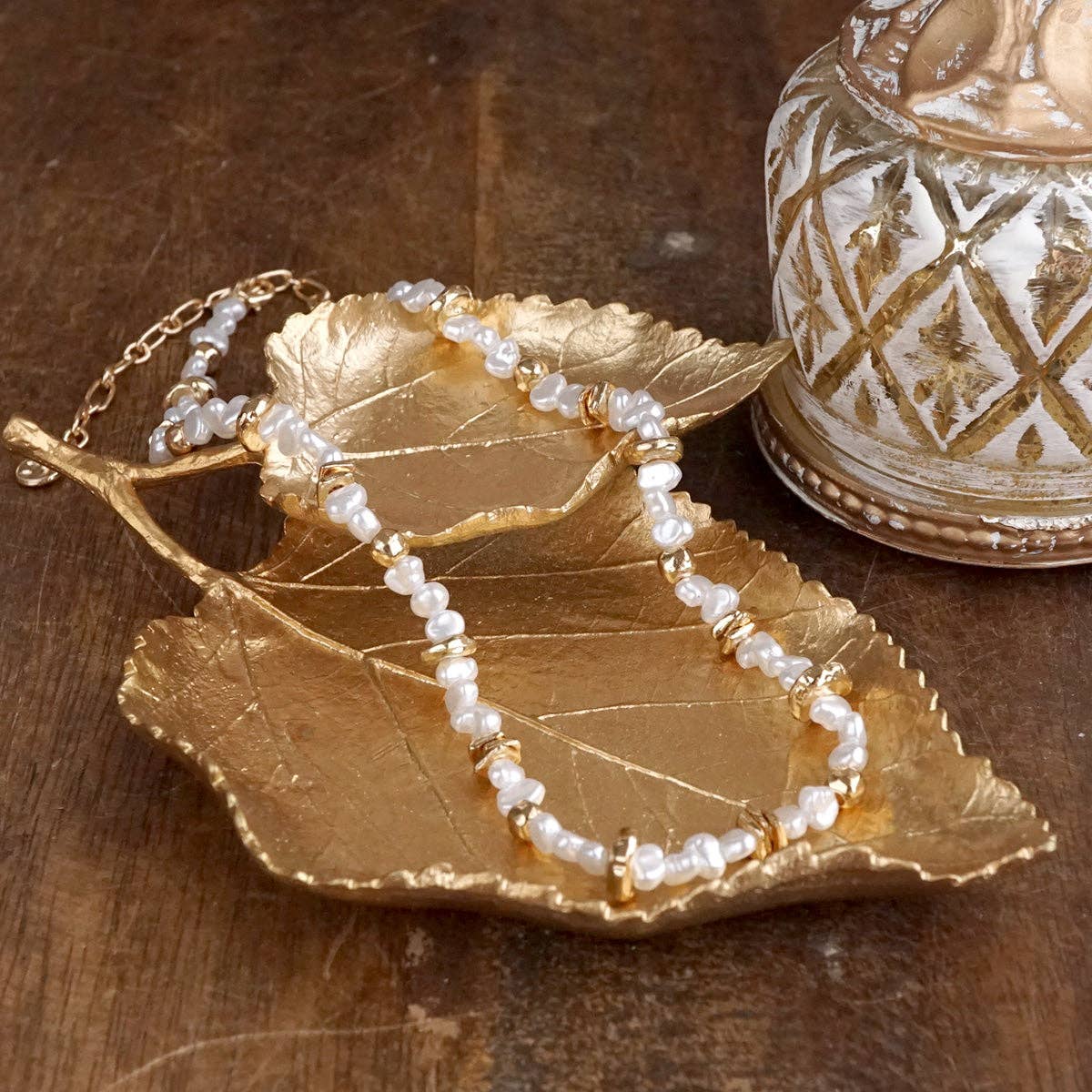 Golden Drift – Dainty Necklace with Faux Pearls and Nugget Beads-250 Jewelry-PennyLine inc-The Lovely Closet, Women's Fashion Boutique in Alexandria, KY