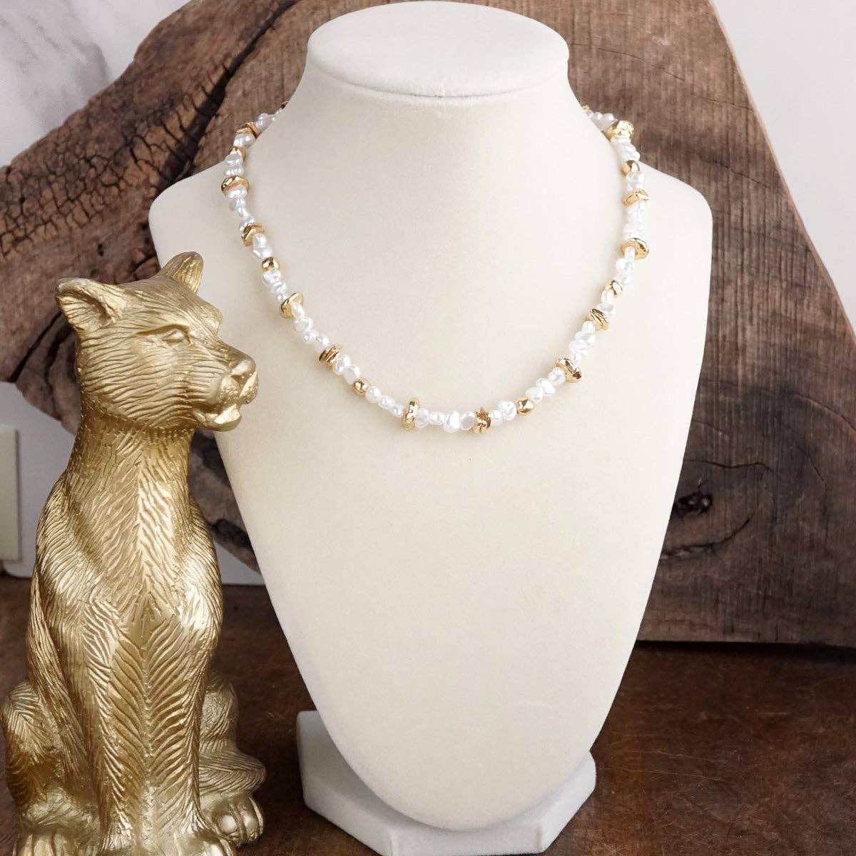 Golden Drift – Dainty Necklace with Faux Pearls and Nugget Beads-250 Jewelry-PennyLine inc-The Lovely Closet, Women's Fashion Boutique in Alexandria, KY