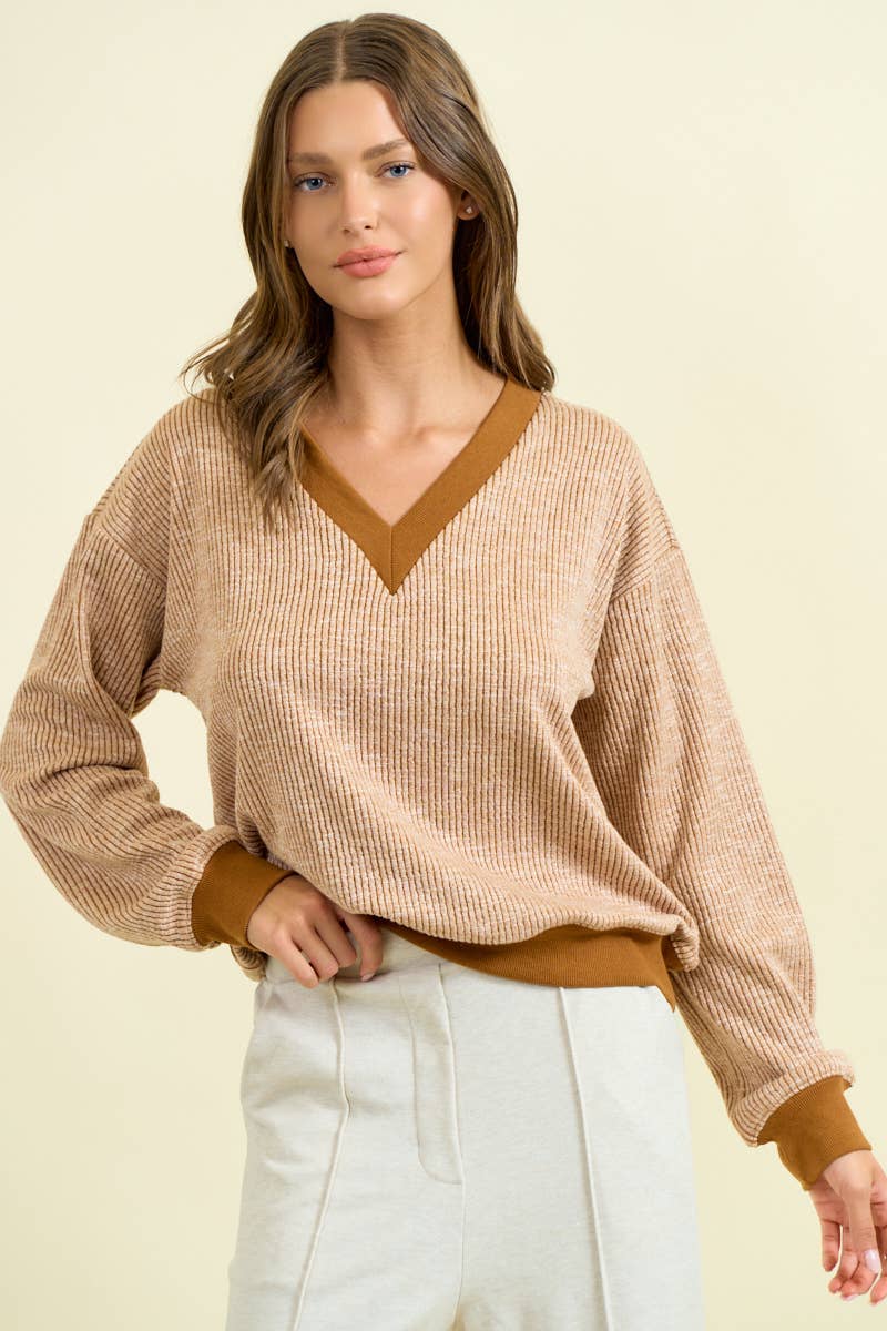 FINAL SALE Oversized Vertical Stripe Two-Tone Ribbed Top - Olive-110 Long Sleeve Top-Doe and Rae-The Lovely Closet, Women's Fashion Boutique in Alexandria, KY