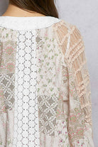 Long Sleeve Lace Contrast Printed Woven Top-110 Long Sleeve Top-Pol Clothing-The Lovely Closet, Women's Fashion Boutique in Alexandria, KY