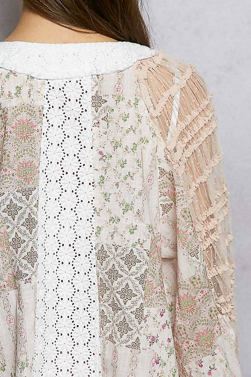 Long Sleeve Lace Contrast Printed Woven Top-110 Long Sleeve Top-Pol Clothing-The Lovely Closet, Women's Fashion Boutique in Alexandria, KY