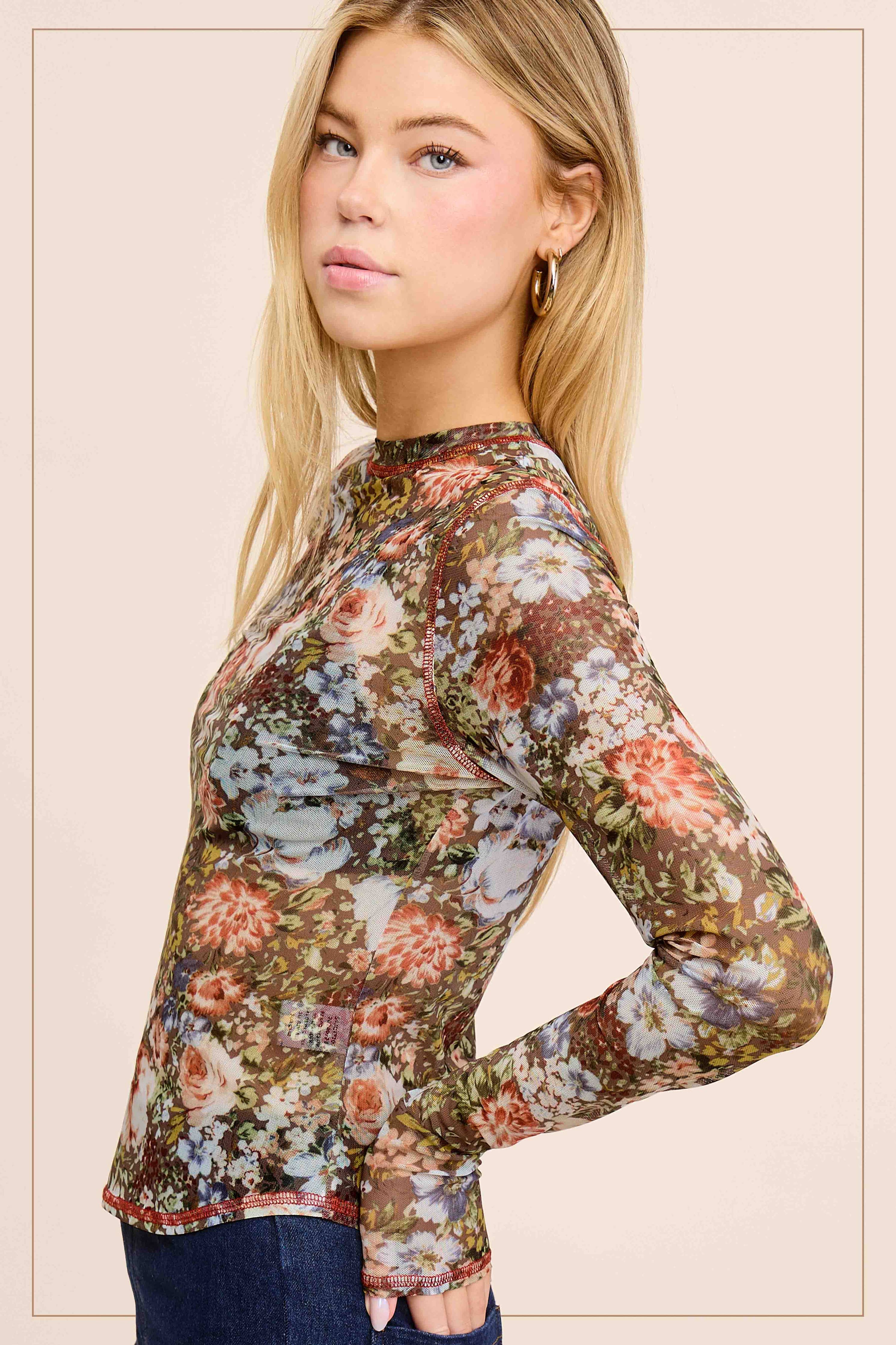 Sheer Long Sleeve Mesh Layering Top - Hazelnut-110 Long Sleeve Top-La Miel-The Lovely Closet, Women's Fashion Boutique in Alexandria, KY