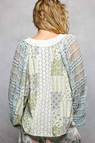 Long Sleeve Lace Contrast Printed Woven Top-110 Long Sleeve Top-Pol Clothing-The Lovely Closet, Women's Fashion Boutique in Alexandria, KY