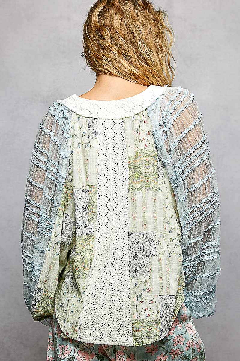 Long Sleeve Lace Contrast Printed Woven Top-110 Long Sleeve Top-Pol Clothing-The Lovely Closet, Women's Fashion Boutique in Alexandria, KY