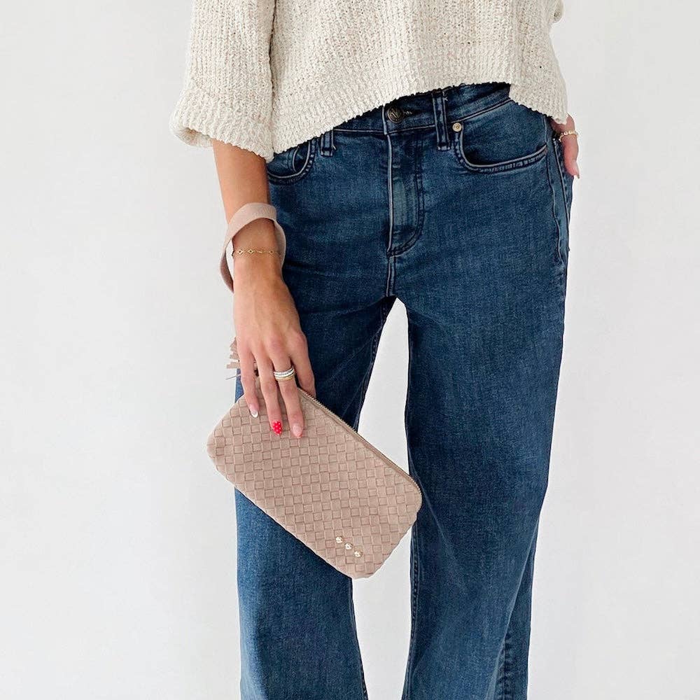 Suede Emma Woven Clutch Wristlet: Chocolate-crossbody/wristlet-Pretty Simple-The Lovely Closet, Women's Fashion Boutique in Alexandria, KY