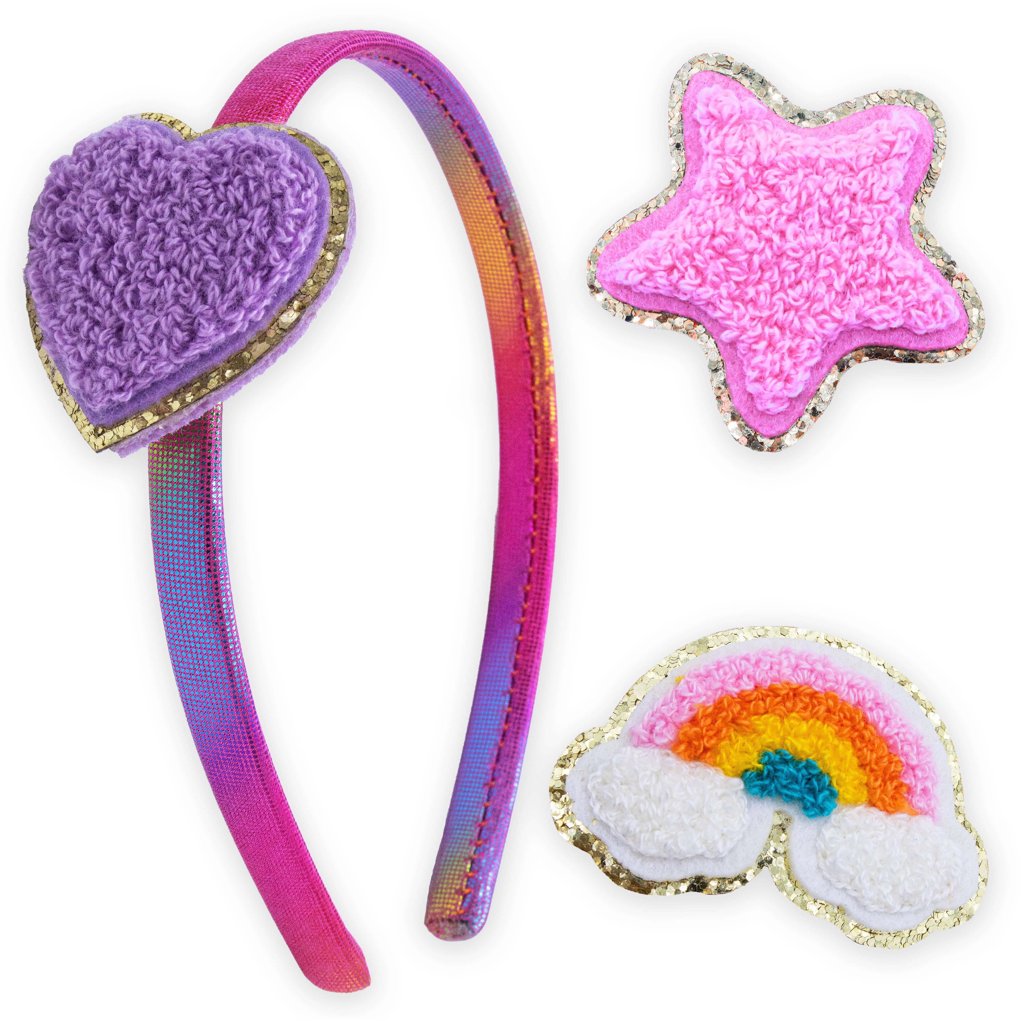 Interchangeable Charm Headband and Hair Clips: Chenille Rainbow/Heart/Star-310 Gift-Frog Sac-The Lovely Closet, Women's Fashion Boutique in Alexandria, KY