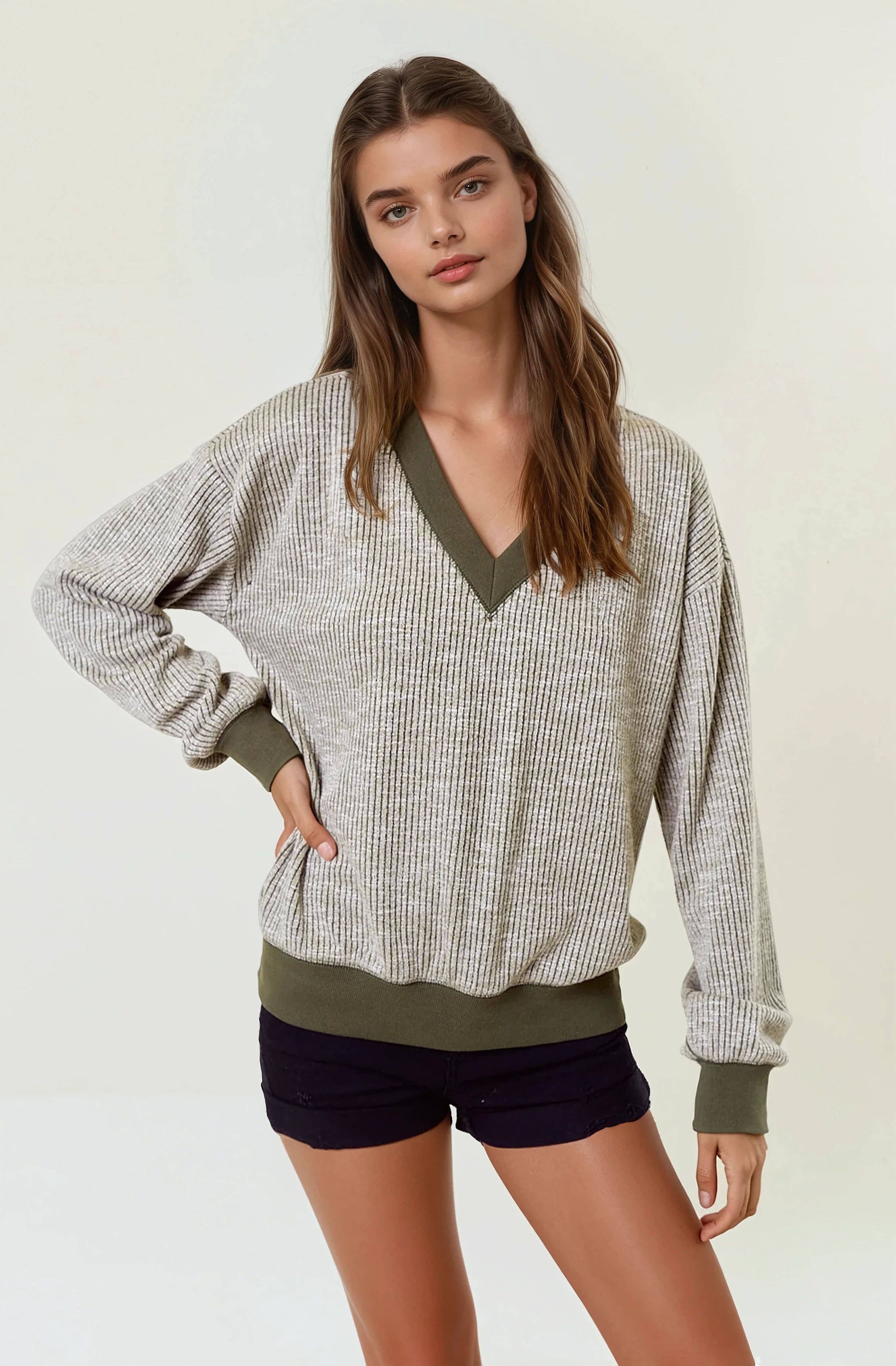 FINAL SALE Oversized Vertical Stripe Two-Tone Ribbed Top - Olive-110 Long Sleeve Top-Doe and Rae-The Lovely Closet, Women's Fashion Boutique in Alexandria, KY