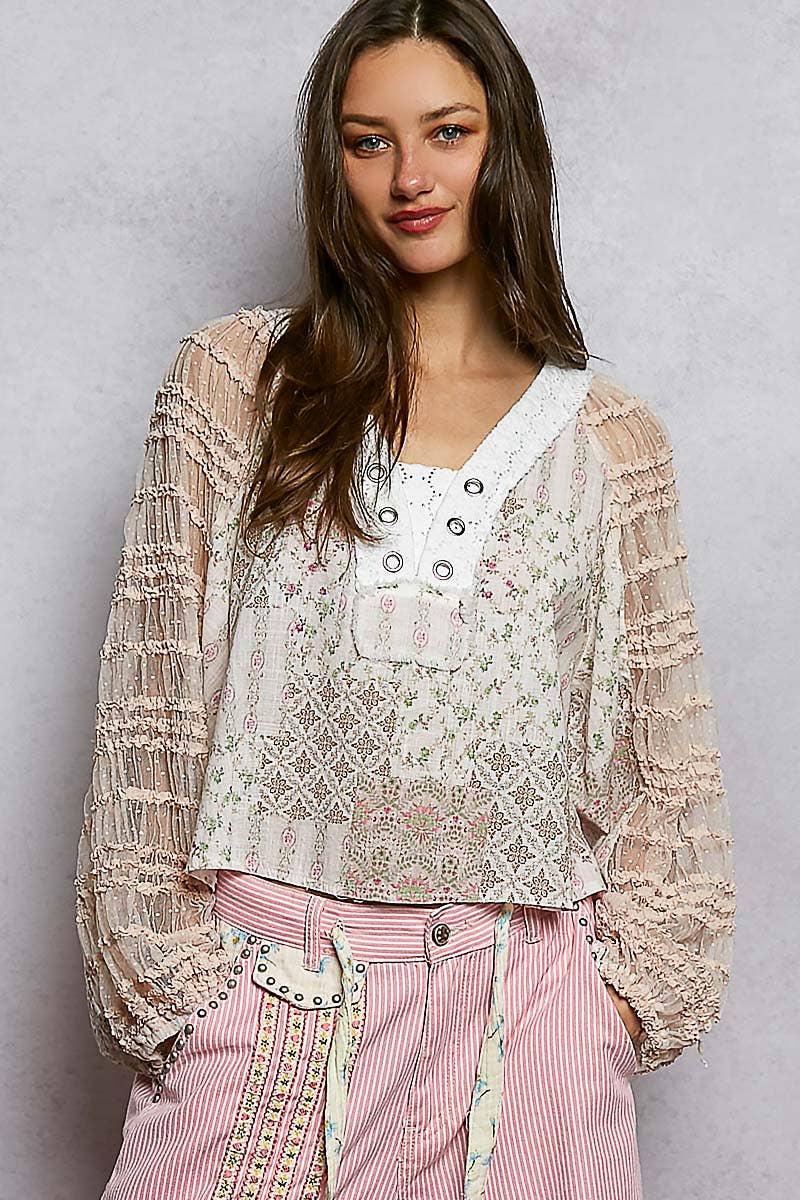 Long Sleeve Lace Contrast Printed Woven Top-110 Long Sleeve Top-Pol Clothing-The Lovely Closet, Women's Fashion Boutique in Alexandria, KY